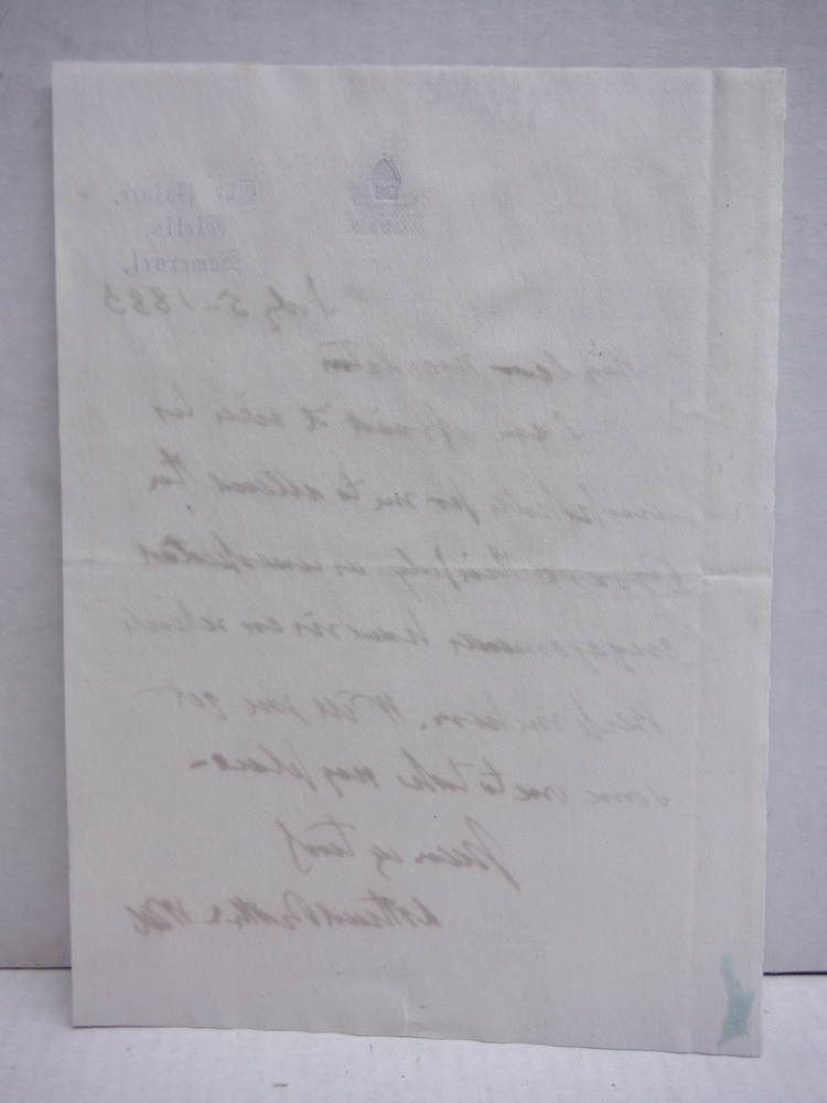 Image 1 of 1883: LORD ARTHUR CHARLES HERVEY, BISHOP OF BATH AND WELLS HANDWRITTEN LETTER