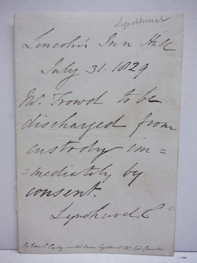 Image 0 of 1829: JOHN SINGLETON COPLEY, BARON LYNDHURST HANDWRITTEN LETTER