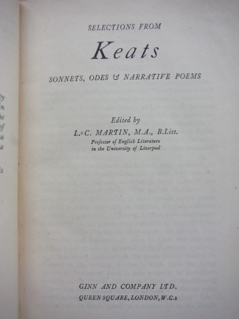 Image 2 of Selections from Keats: Sonnets, Odes & Narrative Poems