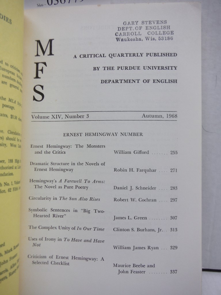 Image 1 of Ernest Hemingway: Special Number, Modern Fiction Studies, A Critical Quarterly, 