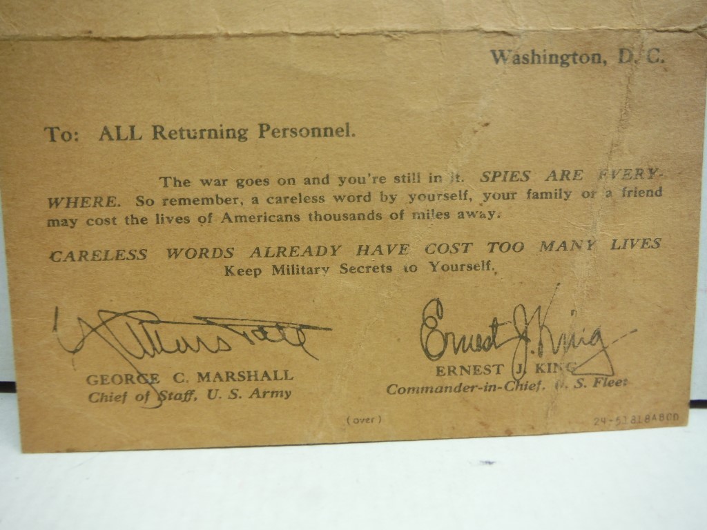 Image 1 of Message from Marshall and King to Returning Personnel re: Spies
