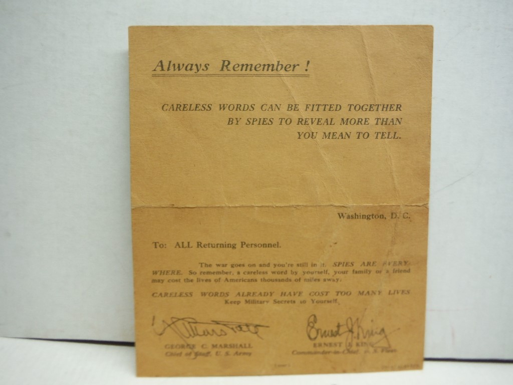 Image 0 of Message from Marshall and King to Returning Personnel re: Spies