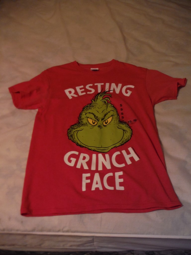 Red Grinch Short Sleeve T-shirt, Size Adult Small.