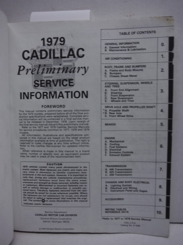 Image 1 of Nineteen Hundred & Seventy Nine 1979 Cadillac Service Information Manual