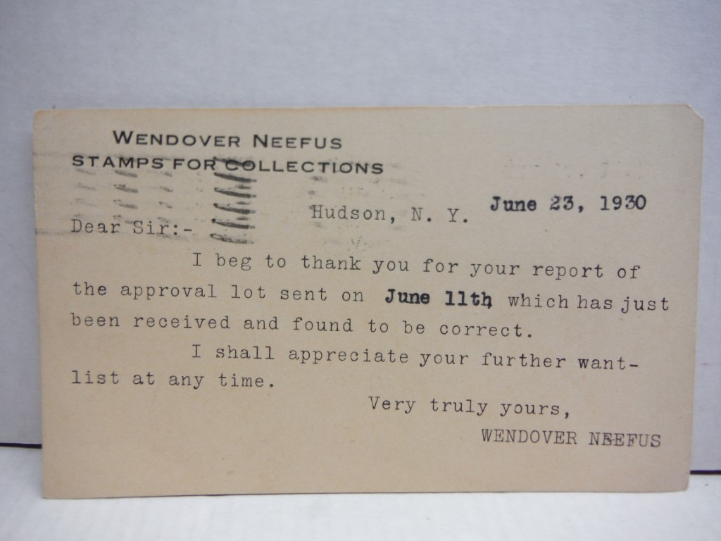 Postcard from Wendover Neefus, stamp collector