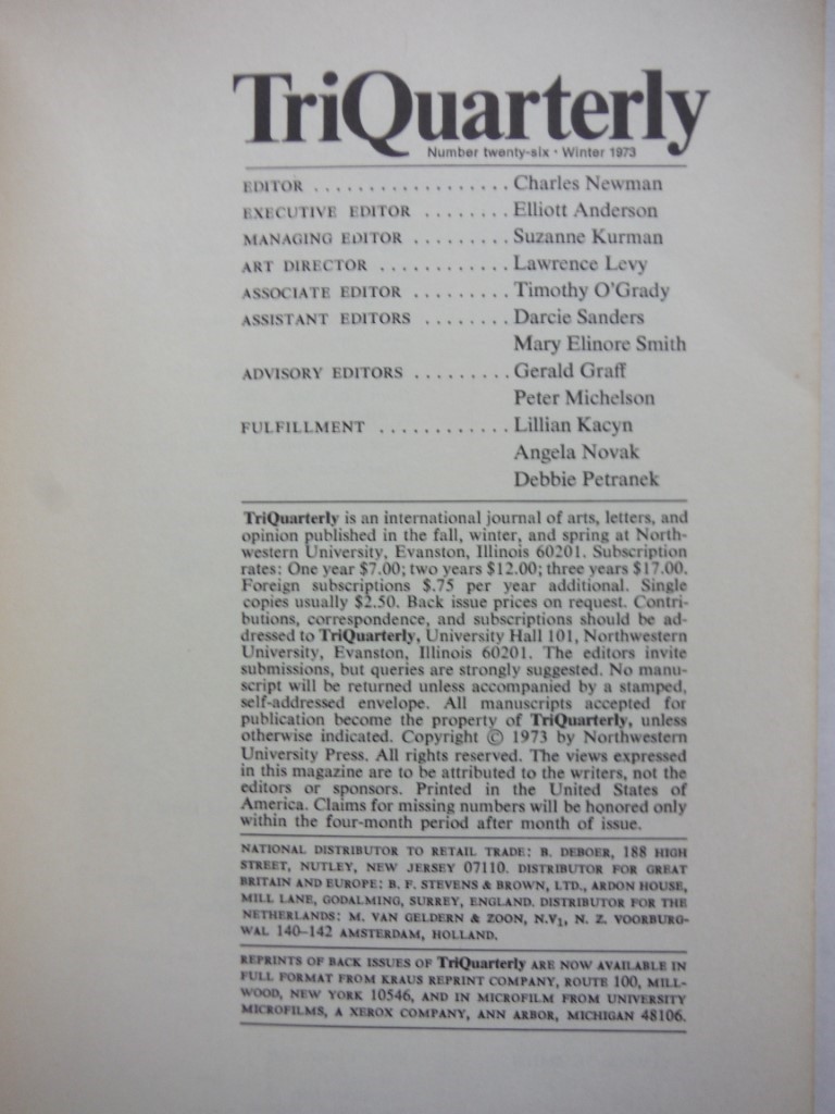 Image 1 of TRIQUARTERLY 26 Winter, 1973: Ongoing American Fiction