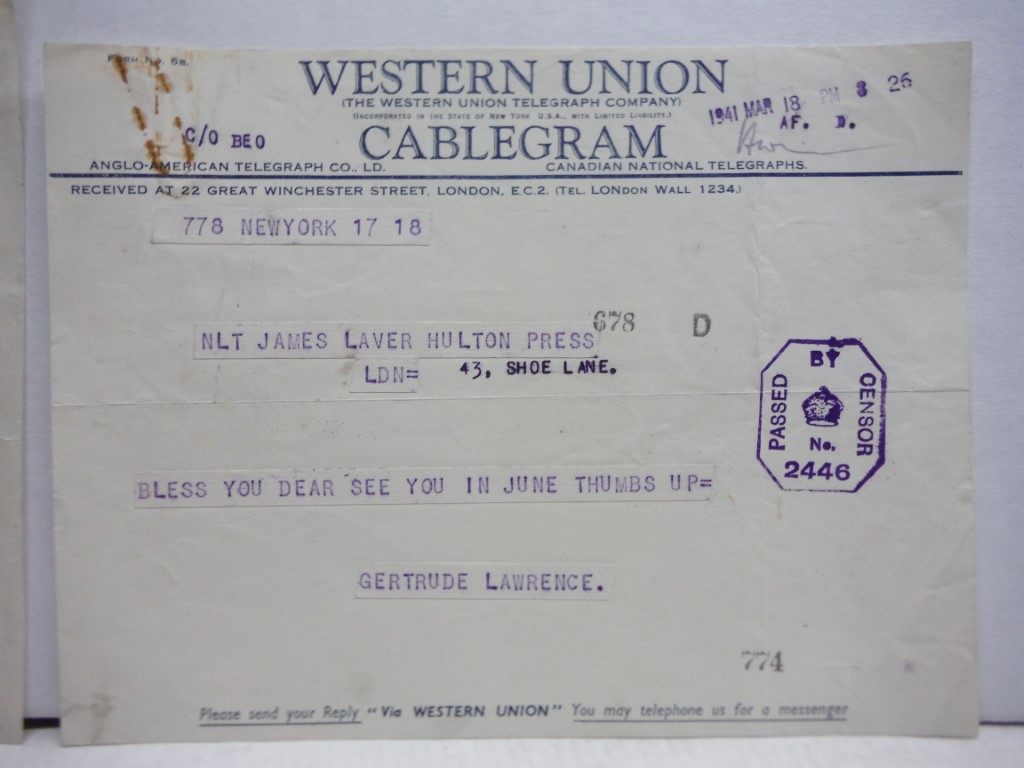 Image 0 of Telegram from Gertrude Lawrence to James Laver, 1941