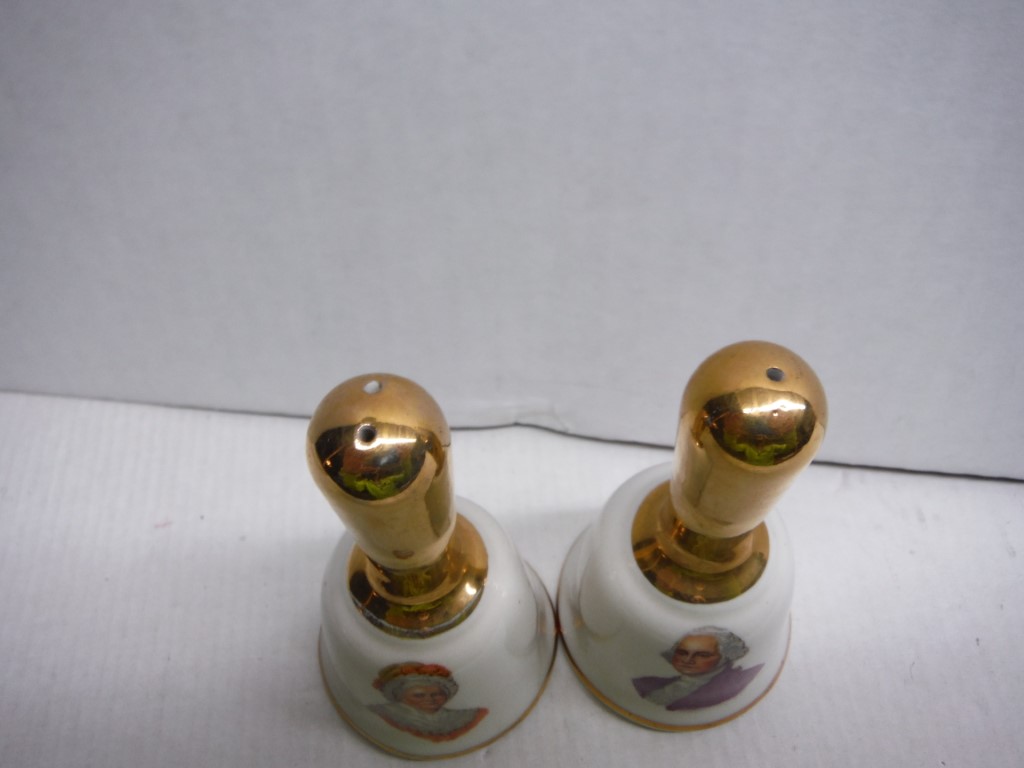 Image 1 of Martha and Geo. Washington Salt and Pepper Shaker set, yellow ceramic, also Bell