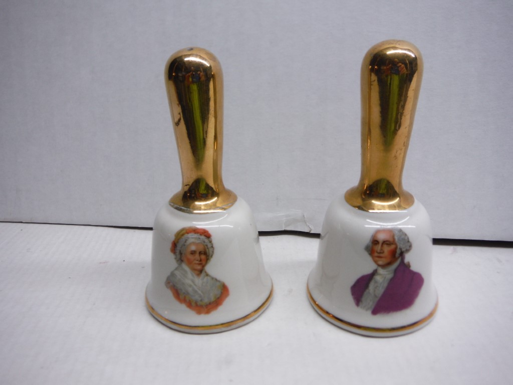 Martha and Geo. Washington Salt and Pepper Shaker set, yellow ceramic, also Bell