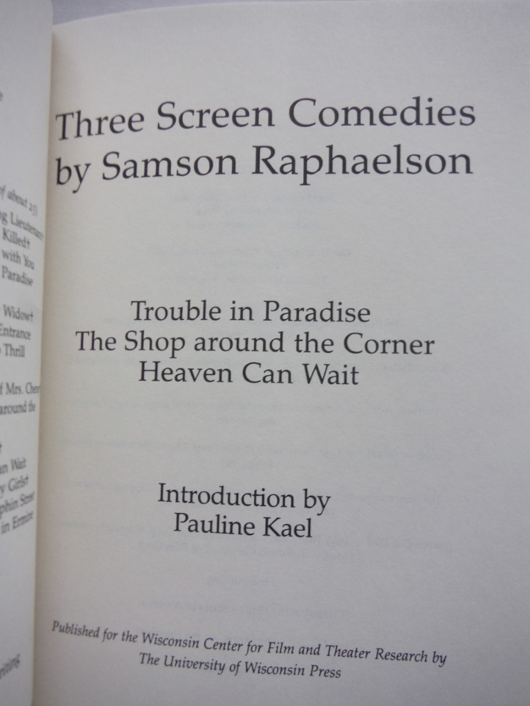 Image 1 of Three Screen Comedies by Samson Raphaelson: Trouble in Paradise; The Shop Around