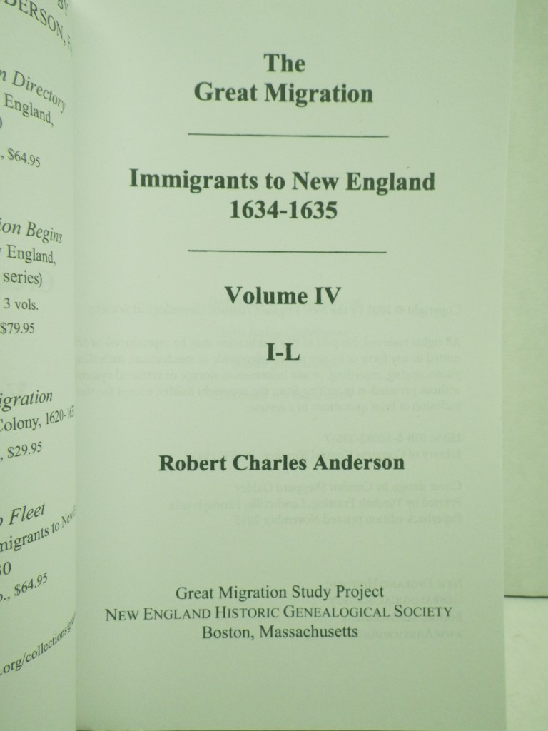 Image 1 of The Great Migration: Immigrants to New England, 1634-1635, Volume IV: I-L (paper
