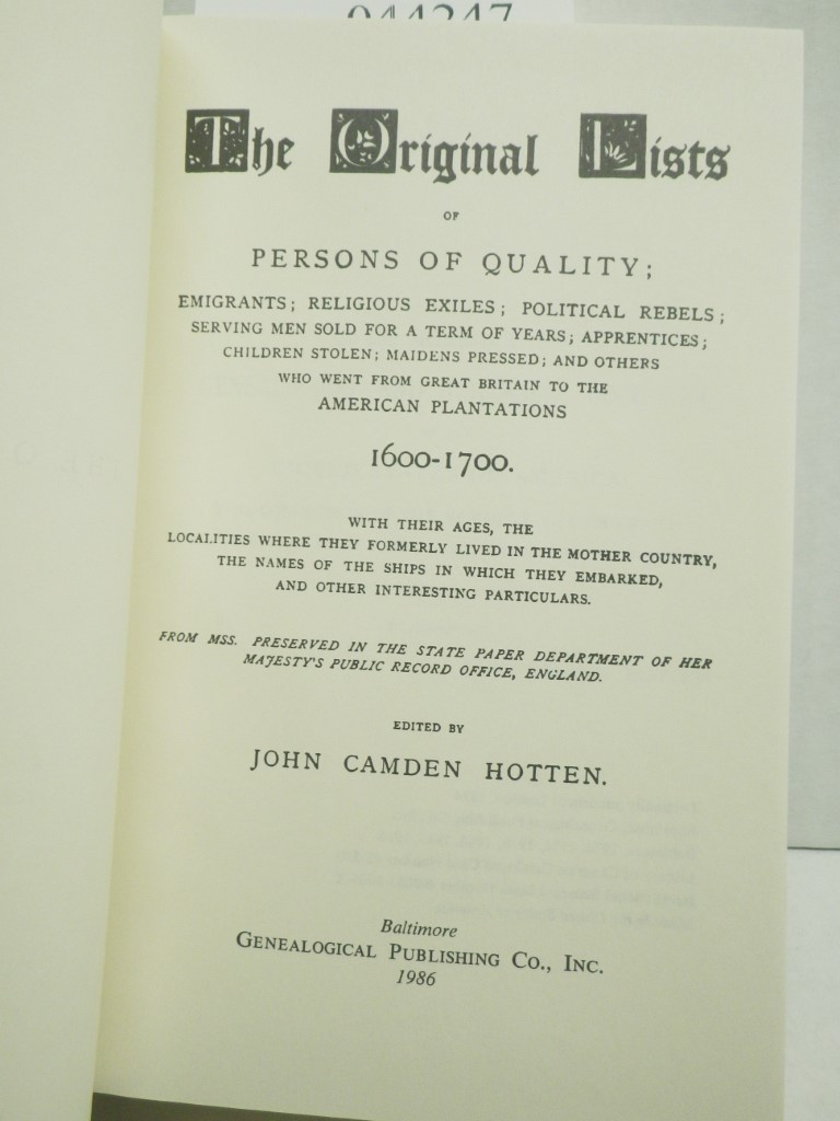 Image 1 of The Original Lists of Persons of Quality Who Went from Great Britain to the Amer