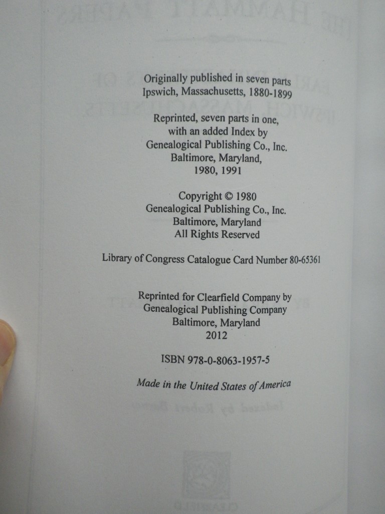 Image 1 of The Hammatt Papers: Early Inhabitants of Ipswich, Massachusetts, 1633-1700