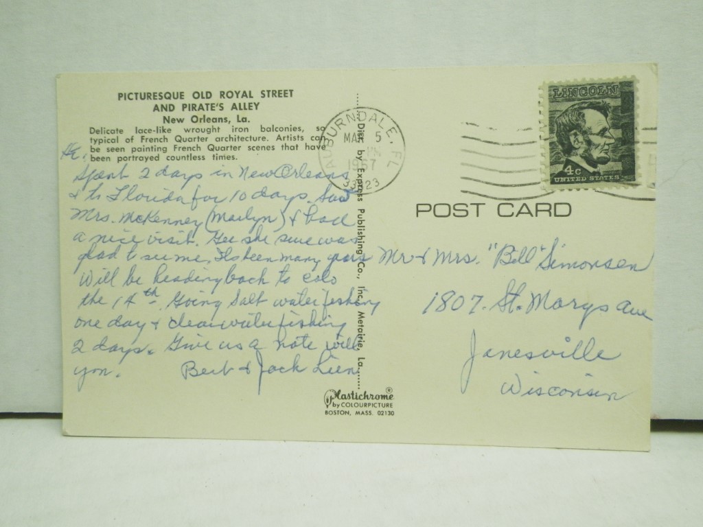 Image 1 of Vintage New Orleans postcard with canceled 4c Lincoln stamp