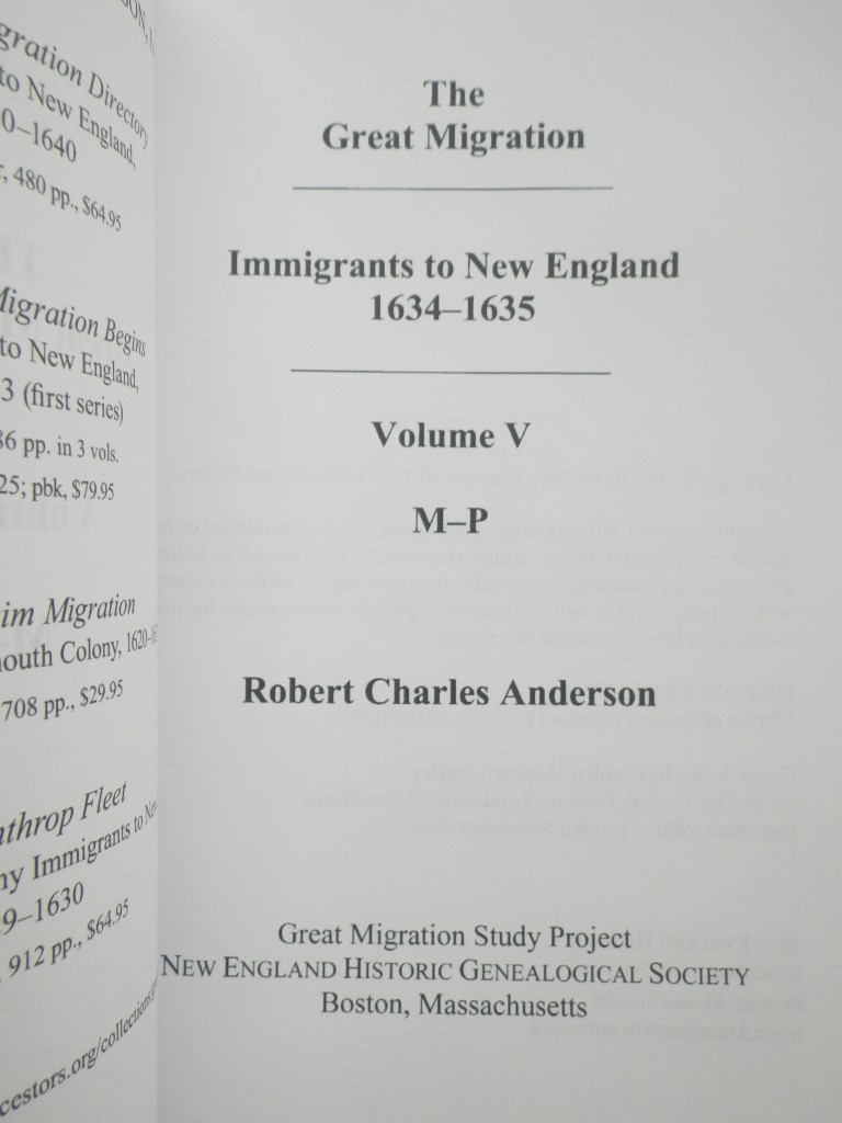 Image 1 of The Great Migration: Immigrants to New England, 1634-1635, Volume V: M-P (paperb