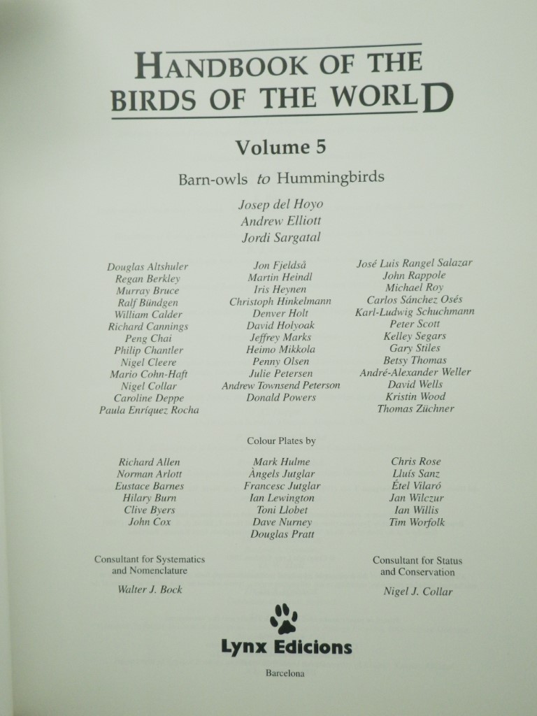 Image 1 of Handbook of the Birds of the World, Vol. 5: Barn Owls to Hummingbirds