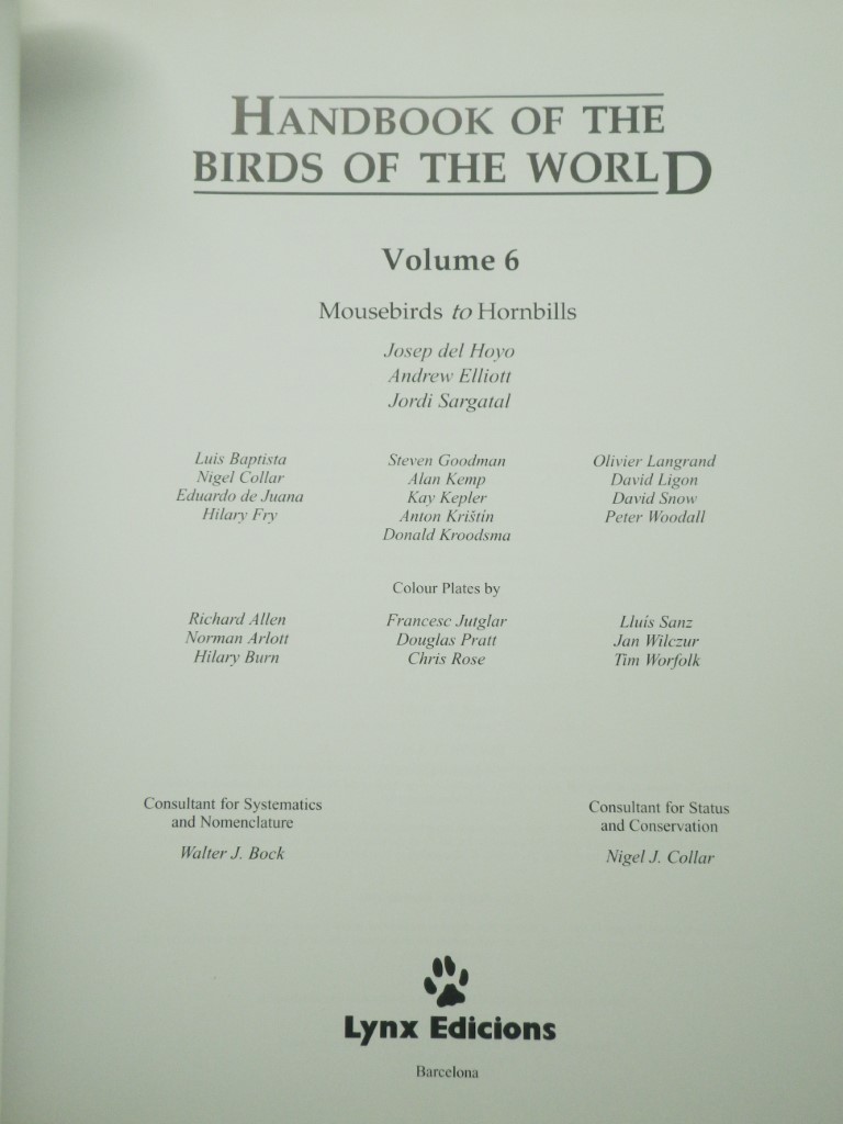 Image 1 of Handbook of the Birds of the World, Volume 6: Mousebirds to Hornbills (Handbook 