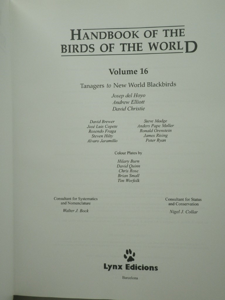 Image 1 of Handbook of the Birds of the World – Volume 16: Tanagers to New World Blackbir