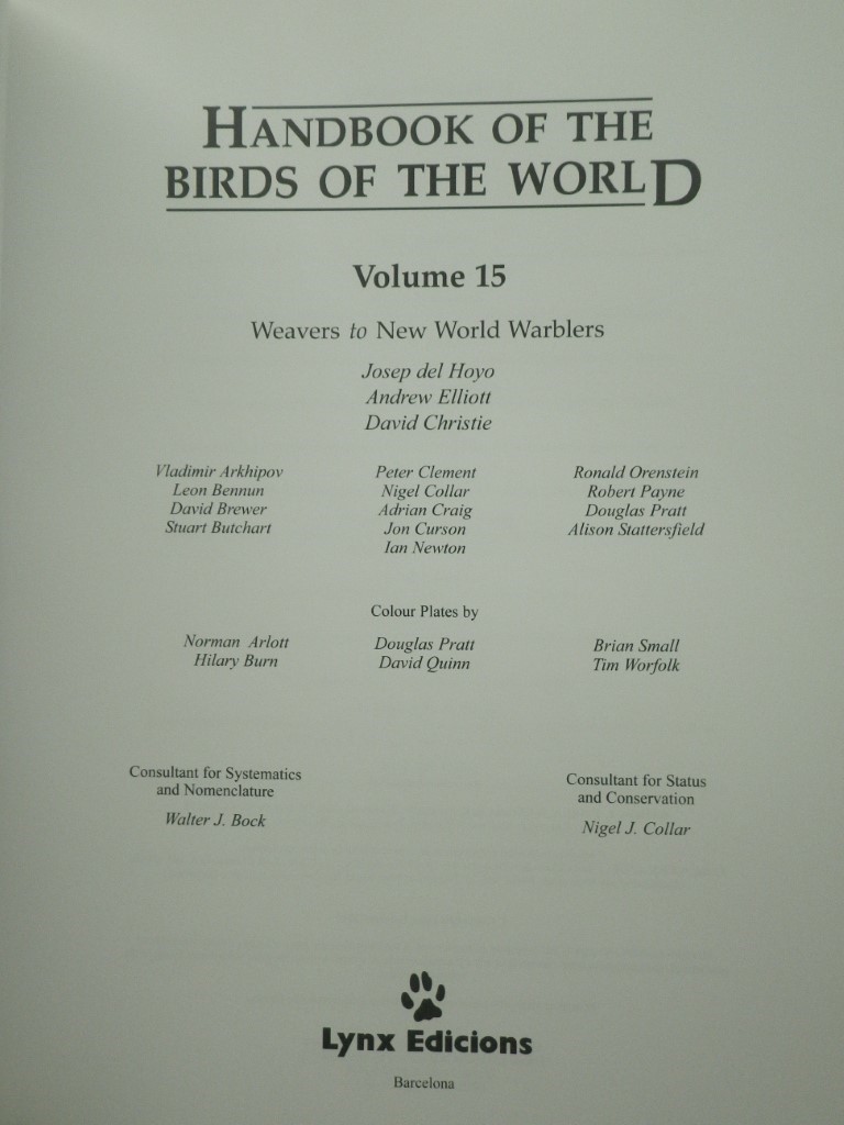 Image 1 of Handbook of the Birds of the World: Weavers to New Word Warblers v. 15