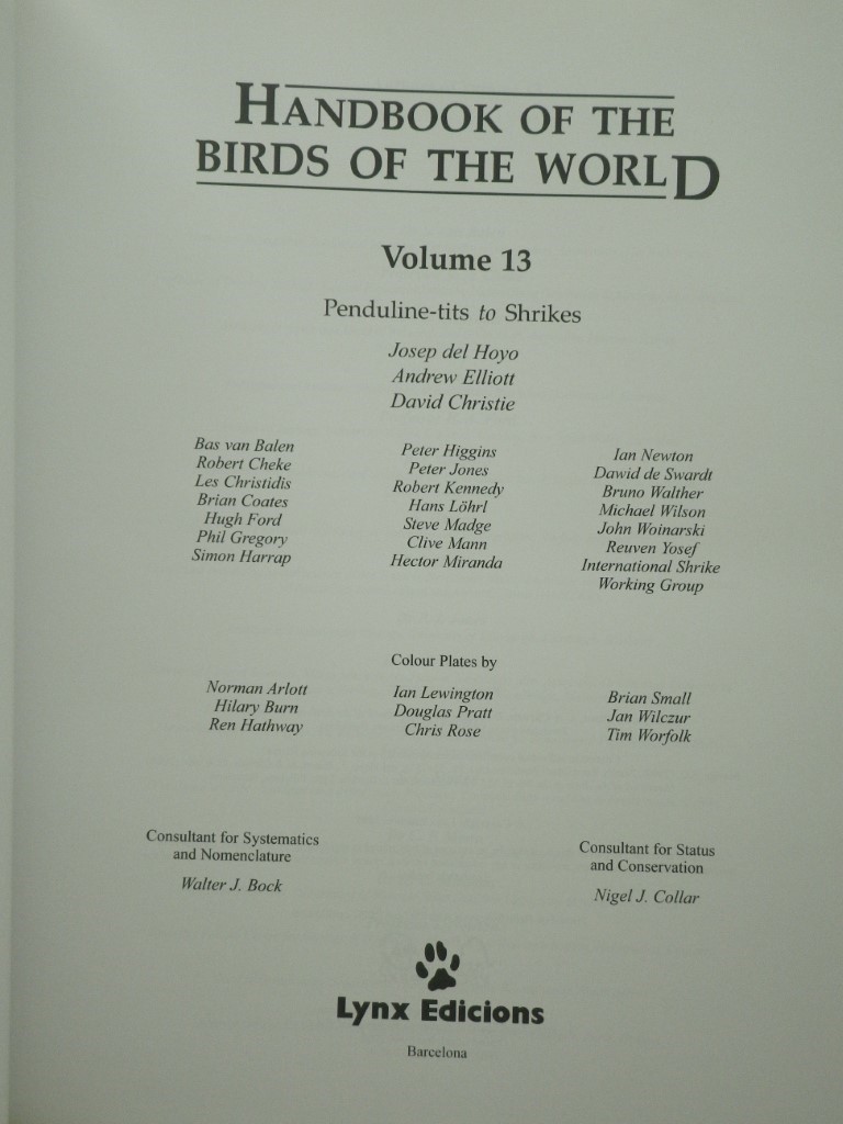 Image 1 of Handbook of the Birds of the World, Vol. 13: Penduline-tits to Shrikes
