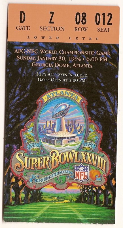 Super Bowl 28 XXVIII Game Ticket Stub Cowboys Bills 1994