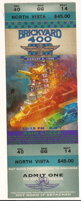 1995 Brickyard 400 Full ticket Earnhardt win #66 Nascar