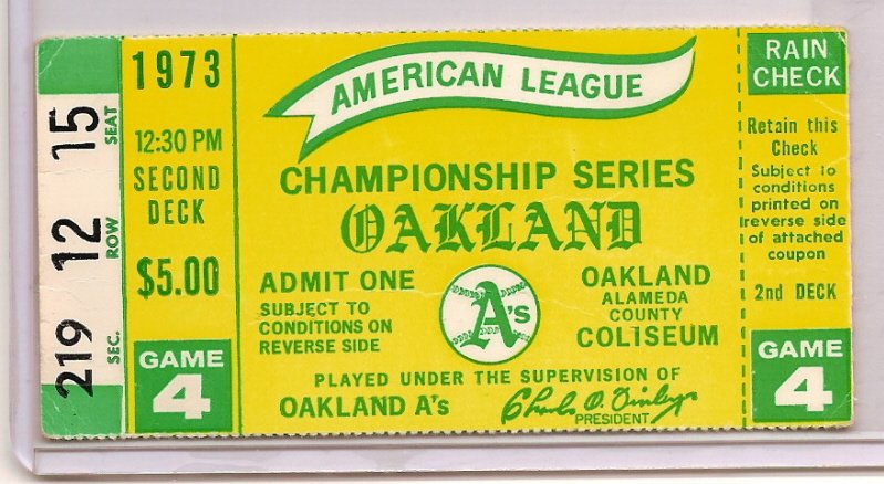1973 ALCS Game 4 Ticket Stub Oakland A's Vs Baltimore Orioles