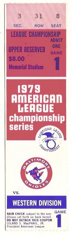 1979 ALCS Ticket Stub Orioles Angels game 1