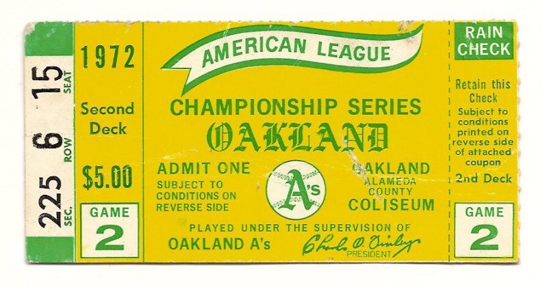 1972 ALCS Game 2 Ticket Stub Tigers A's