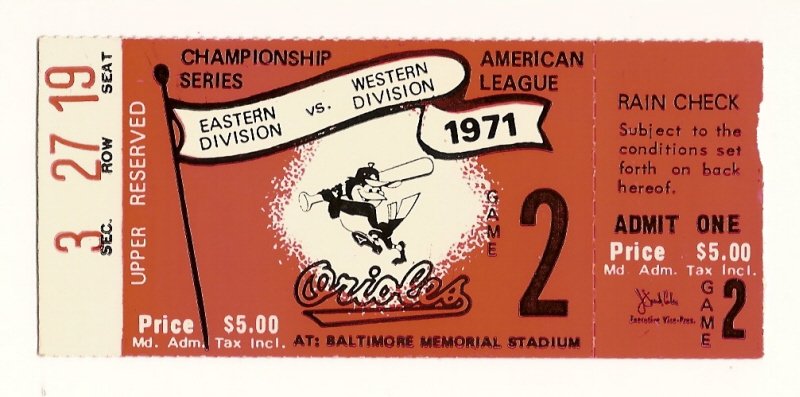 1971 ALCS Game 2 ticket stub Orioles A's Championship