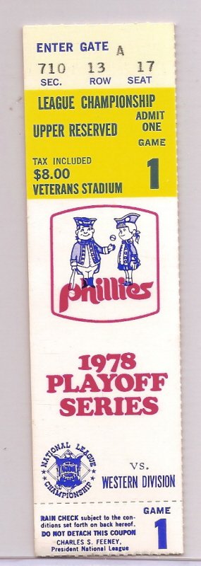 1978 NLCS ticket stub Game 1 Phillies Dodgers NL