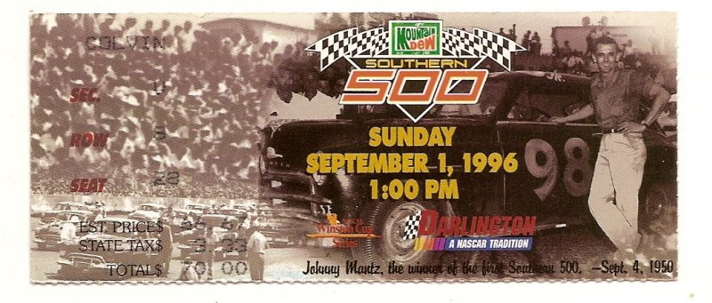 1996 Mountain Dew Southern 500 ticket Stub Jeff Gordon Win #16
