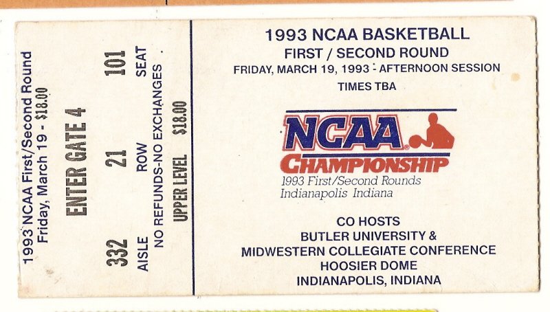 1993 NCAA Championship 1st 2nd Round Ticket Stub Indianapolis #2