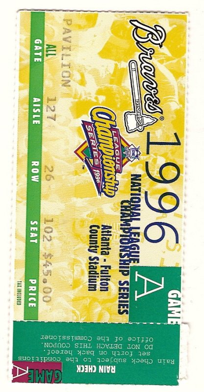 1996 NLCS Ticket Stub Cardinals Braves Game 1