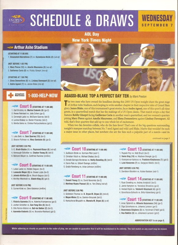2005 Tennis US OPEN Draw Sheet & Schedule