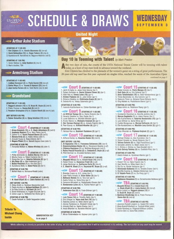2003 Tennis US Open Draw Sheet 9/3/03