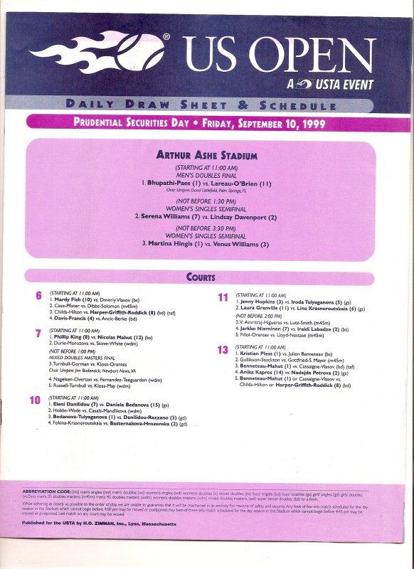 1999 Tennis US OPEN Draw Sheet & Schedule 9/10/1999