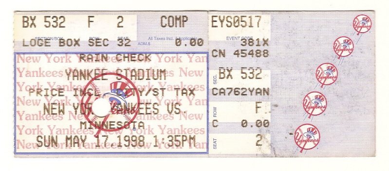 David Wells PERFECT GAME Box Office Ticket stub 5/17/98